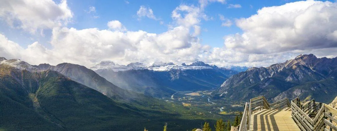 Hikers walking through forest trail in Banff National Park