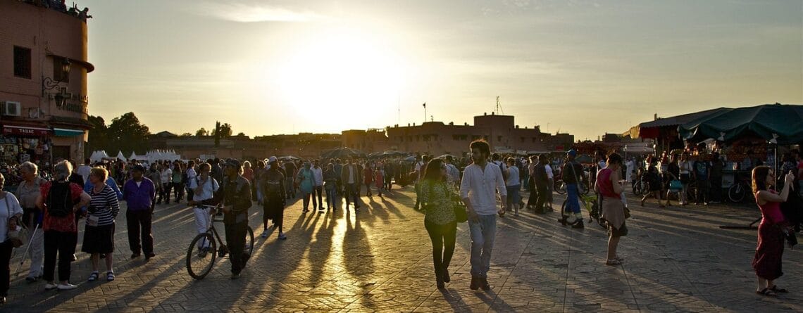 A sunset view of Jemaa el-Fnaa square in Marrakech, showcasing Morocco as a safe and top travel destination in 2026.