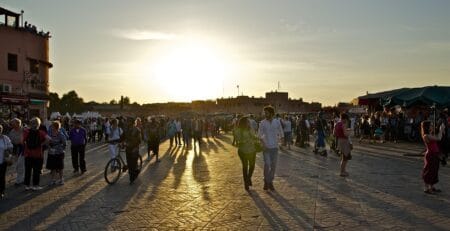 A sunset view of Jemaa el-Fnaa square in Marrakech, showcasing Morocco as a safe and top travel destination in 2026.