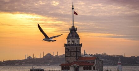 Maiden's Tower in Istanbul at sunset, a symbol of Turkey's beauty and safe tourism in 2026.