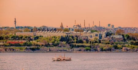Istanbul skyline with Topkapi Palace along the Bosphorus, a popular and safe destination for tourists in Turkey